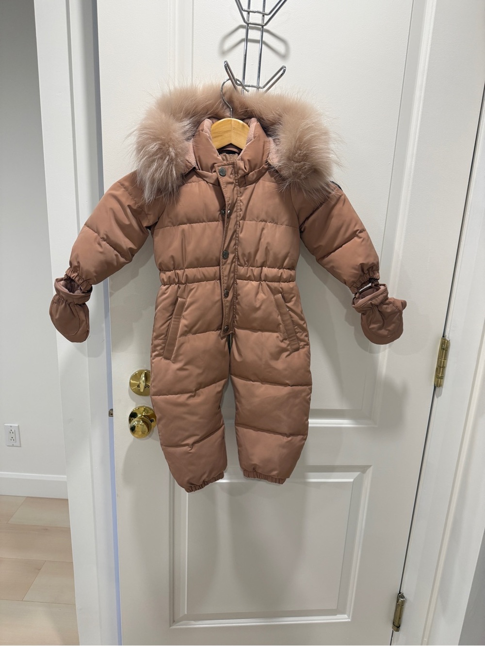 RUDSAK Kids Tan Brown Puffer Snowsuit with Faux Fur Hood